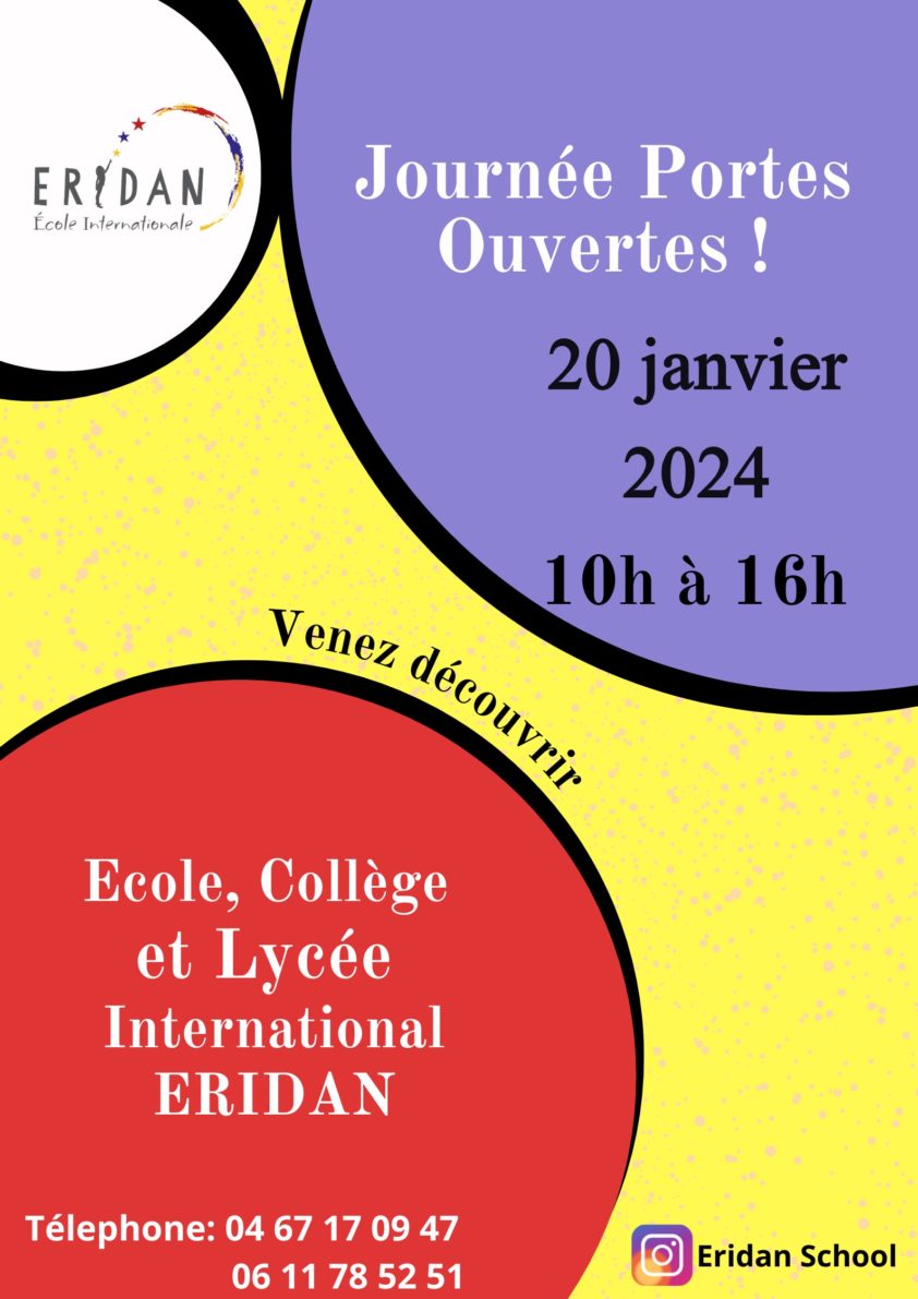 Affiche des portes ouvertes de l'école Eridan le 20 janvier 2024 à Montpellier